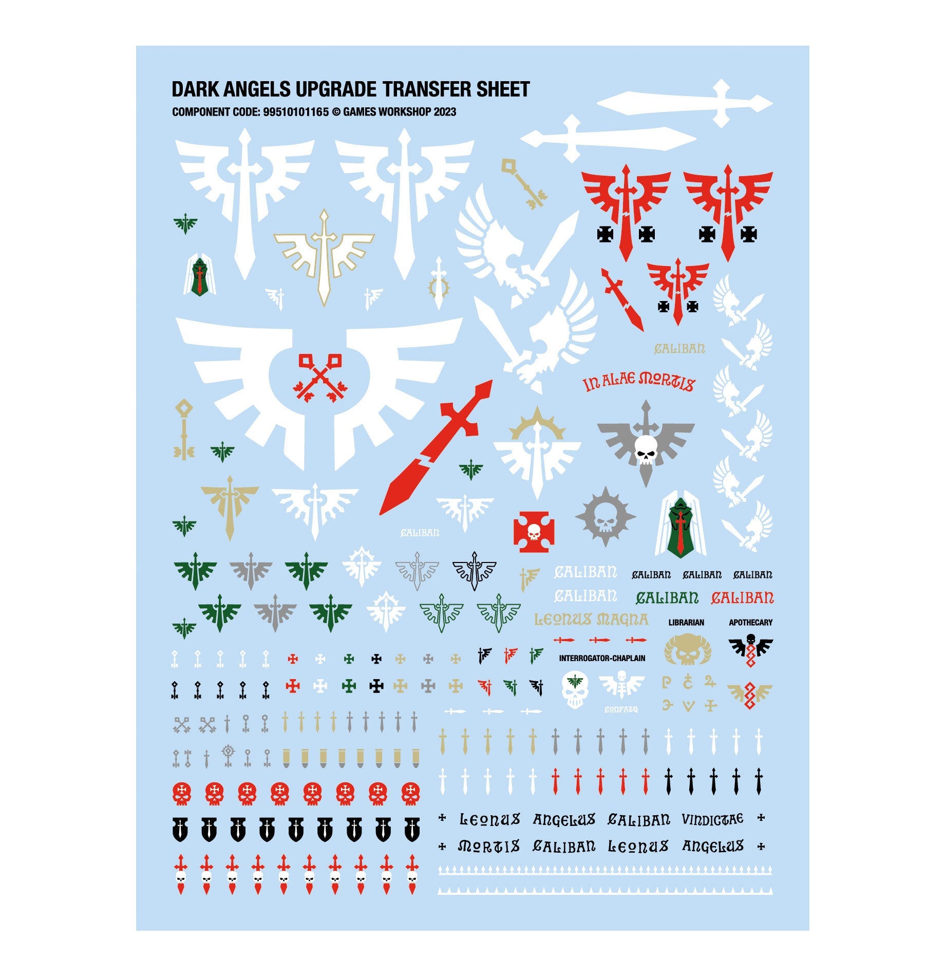 Hoja con 217 calcomanías para Dark Angels (Ángeles Oscuros), Warhammer 40K