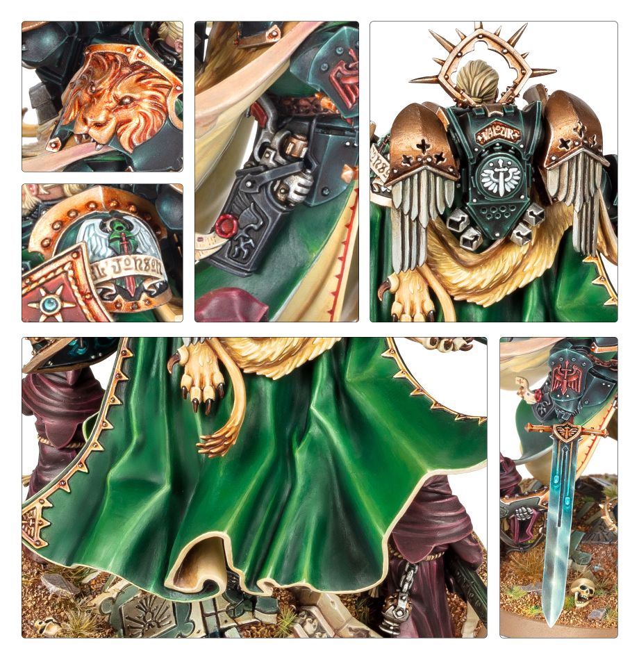 Detalles de la armadura, capa y espada de Lion El'Jonson, Primarca de los Dark Angels